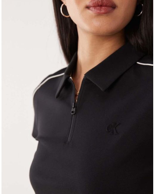 Calvin Klein Black Slim Fit Zip Through Cropped Racer Polo