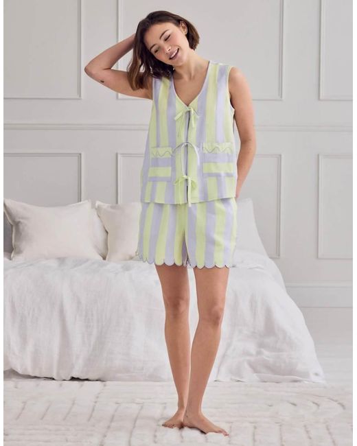 Chelsea Peers Gray Linen Blend Scallop Edge Tie-Front Stripe Cami Short Pyjama Set