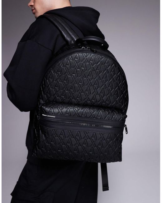 ARMANI EXCHANGE Black All Over Logo Faux Leather Backpack for men