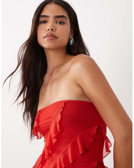 Oh Polly Red Bandeau Asymmetric Ruffle Detail Maxi Dress