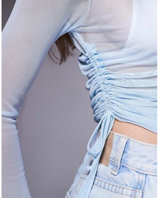 Missy Empire Blue Missy Empire Mesh Ruched Side Flare Sleeve Top