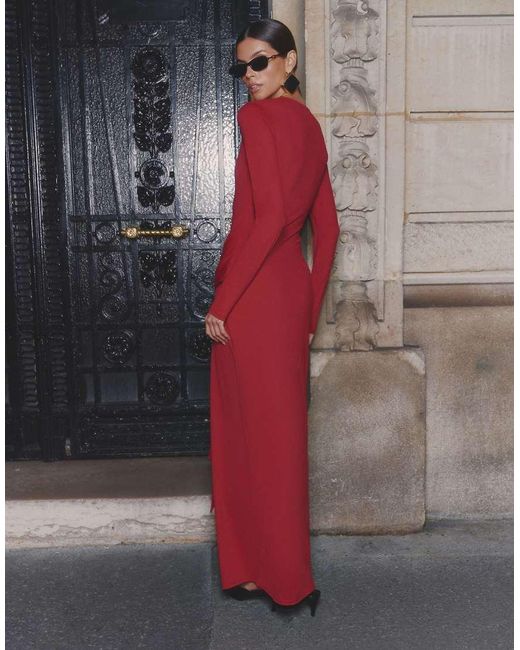 4th & Reckless Red Slinky Gold-tone Hardware Draped Front Maxi Dress