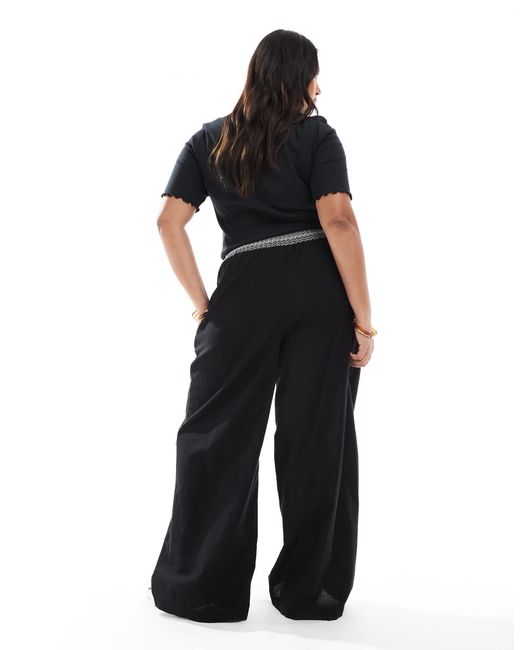 ASOS Black Curve Linen Blend Pull On Wide Leg Trousers With Shirred Waist Detail