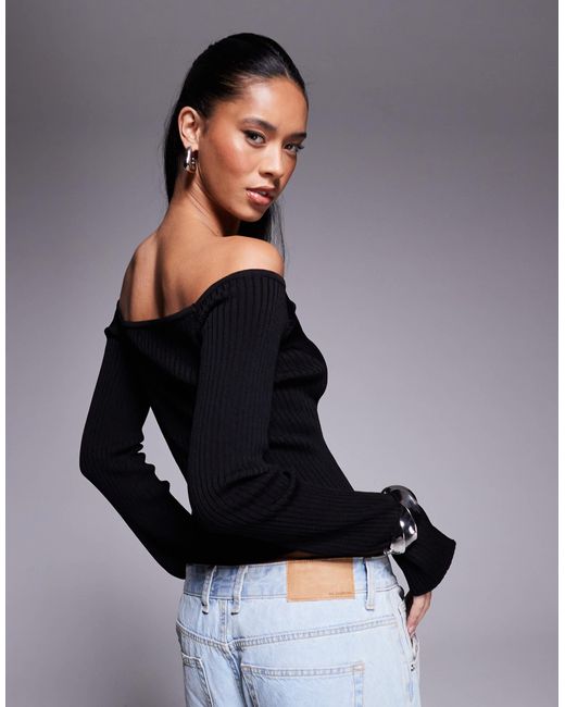 ASOS Gray Structured Bardot Long Sleeve Top With Rib Shaping Detail