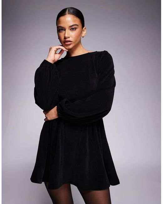 ASOS Black Cord Blouson Long Sleeve Waisted Detail Mini Dress