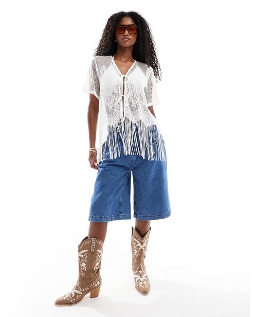 Pieces Blue Tie Front Western Cardigan With Fringe Hem