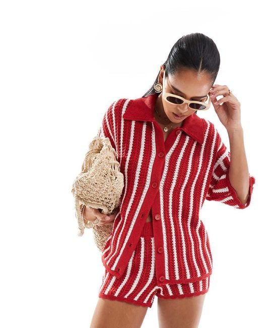 ASOS Red Stripe Scallop Edge Knitted Short Co-ord