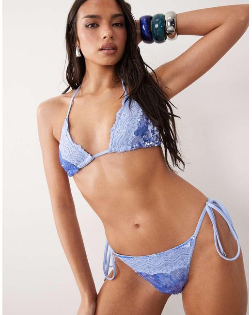 South Beach Blue Sequin Tieside Bikini Bottom With Lace Detail