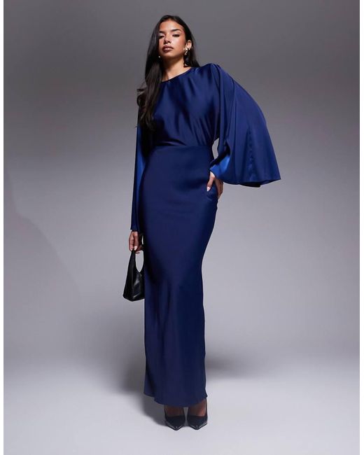 ASOS Blue Textured Satin Batwing Bias Waisted Maxi Dress