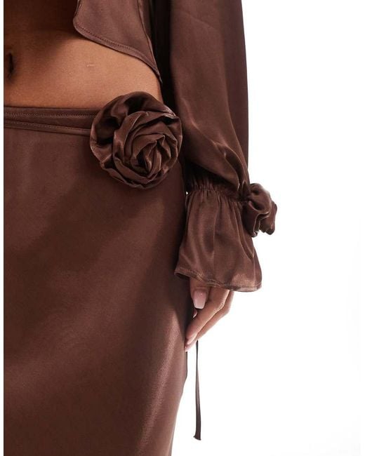 ASOS Brown Satin Corsage Detail Maxi Skirt
