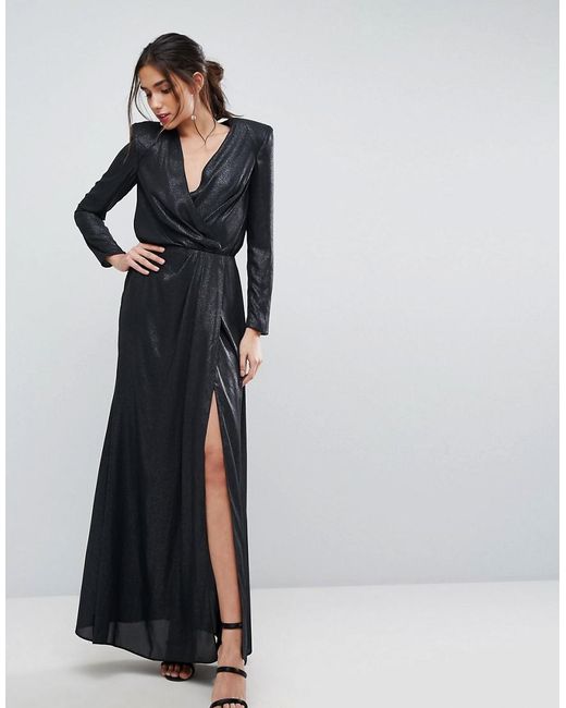 ASOS Black Asos Metallic Twist Front Maxi Dress With Shoulder Pads