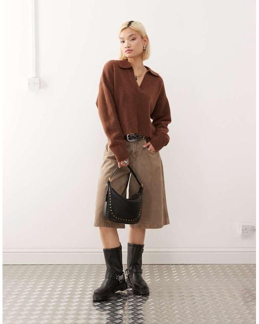 Monki Brown Knitted Polo Jumper
