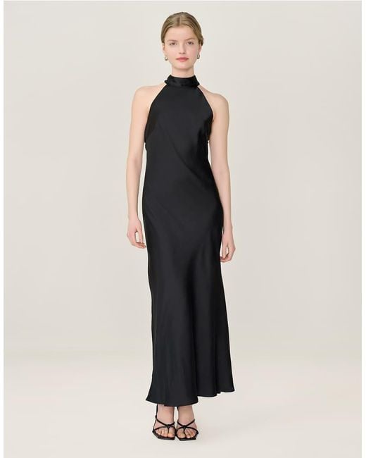OMNES Black Dresses Seychelles Halter Neck Satin Midi Dress