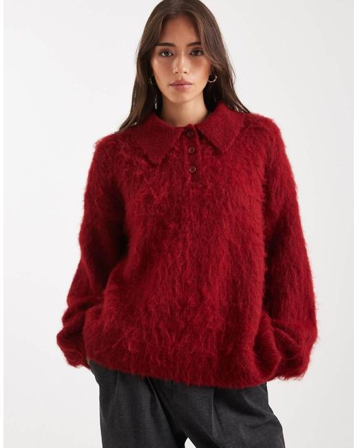 ASOS Red Brushed Rugby Polo Jumper