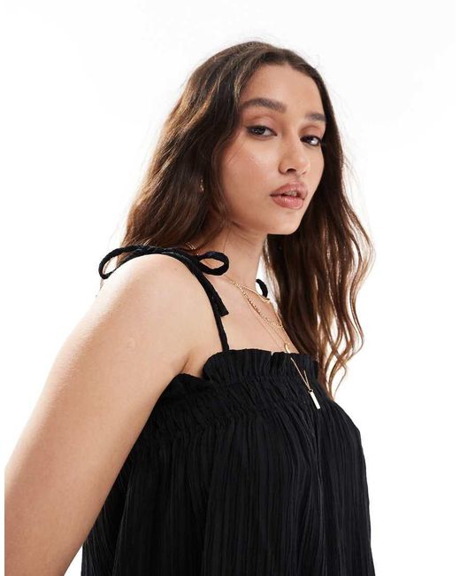 Object Black Shirred Floaty Cami Top With Tie Details