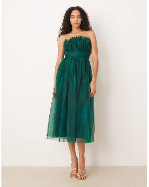 LACE & BEADS Green Tulle Waistband Bandeau Midi Dress