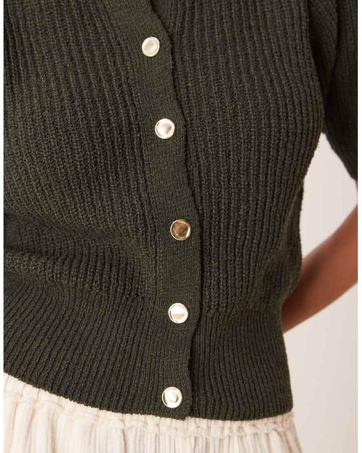 ASOS Natural Textured Short Sleeve Cardigan With Gold Buttons