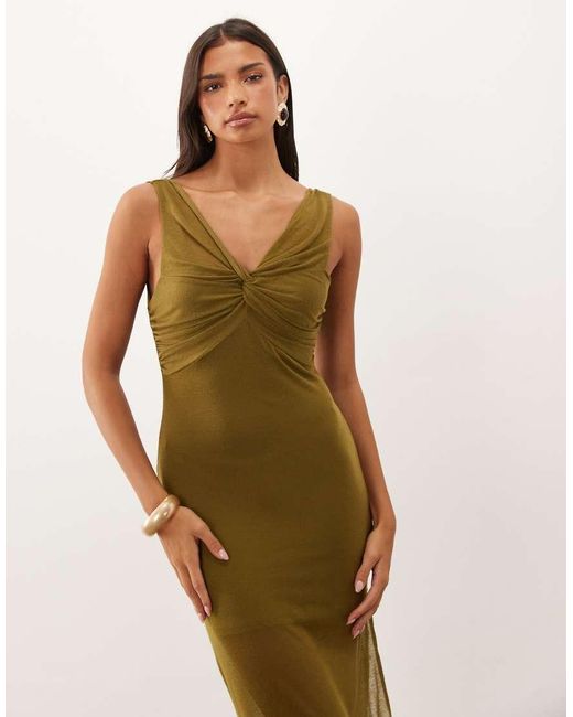 ASOS Natural Soft Semi Sheer Column Maxi Dress With Twist Bust Detail
