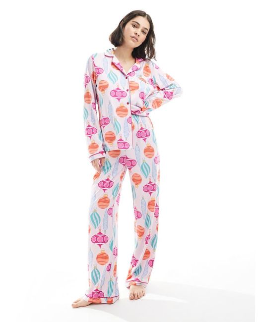 Loungeable White Christmas Super Soft Jersey Revere Top And Wide Leg Pyjama Set