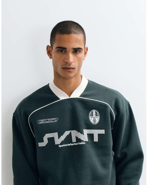 ASOS Green Oversized Ribbed V Neck With Piping And Puff Print for men