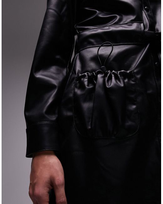 TOPSHOP Black Faux Leather Mini Belted Shirt Dress