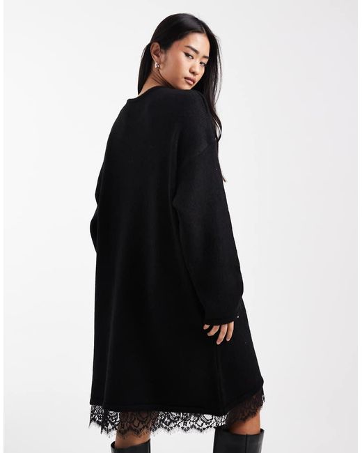 ASOS Black Knitted Mini Dress With Lace Trim Detail