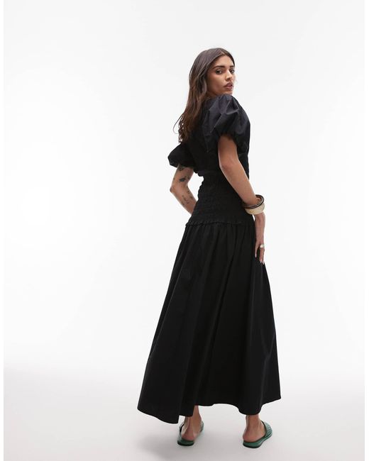 Robe mi-longue froncée à encolure carrée et manches bouffantes - noir TOPSHOP en coloris Black