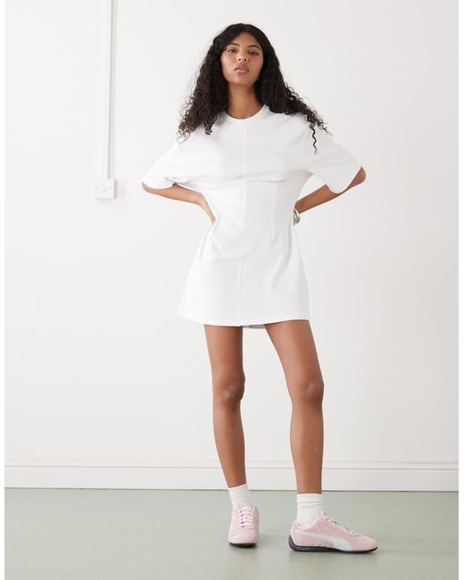 Monki White Structured Cinched Waist T-shirt Mini Dress