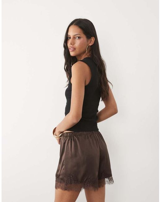 New Look Natural Lace Trim Satin Shorts