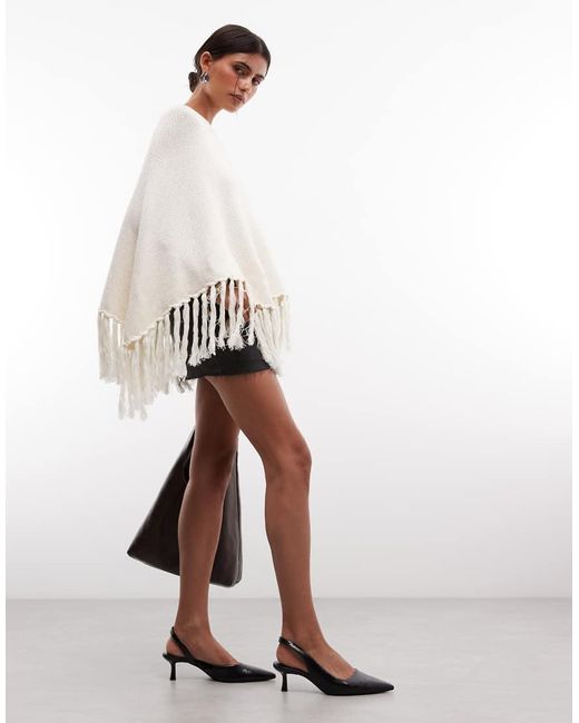Edikted White Kamila Fringe Knit Poncho