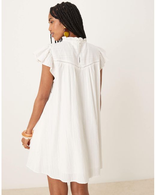Y.A.S White Ruffle Sleeve Mini Smock Dress With Ladder Stitch Yoke Detail
