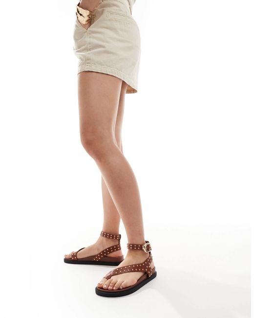 London Rebel Brown Flat Stud Toe Loop Sandals