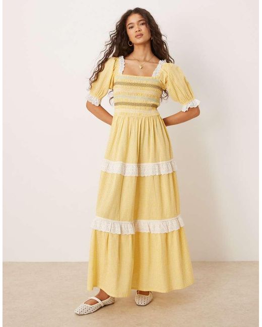 Neon Rose Natural Gingham Puff Sleeve Midaxi Dress