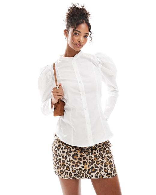 Miss Selfridge White Puff Sleeve Cinched Waist Poplin Shirt