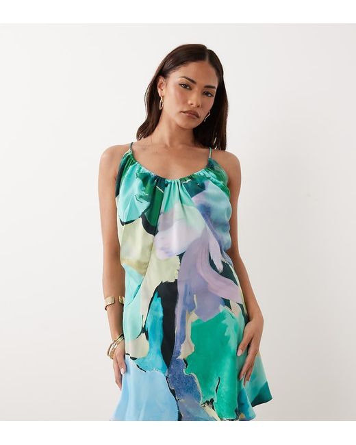 ASOS Blue Asos Design Petite Bias Cut Scoop Neck Low Back Satin Mini Dress