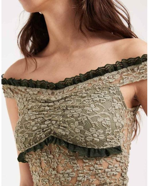 Motel Green Mayu Ruffle Trim Off Shoulder Lace Top