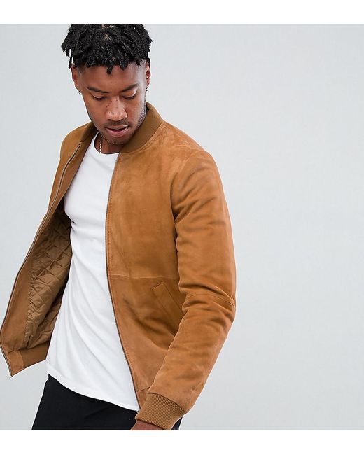 ASOS Brown Tall Suede Bomber Jacket In Tan for men