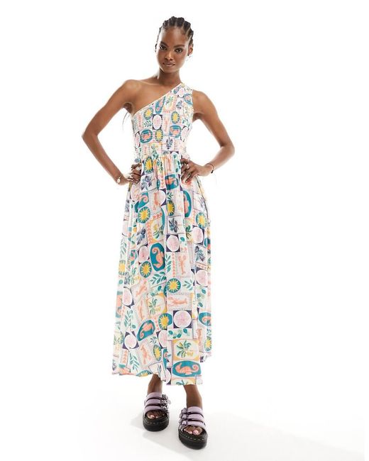 Native Youth White One Shoulder Tile Print Midaxi Dress