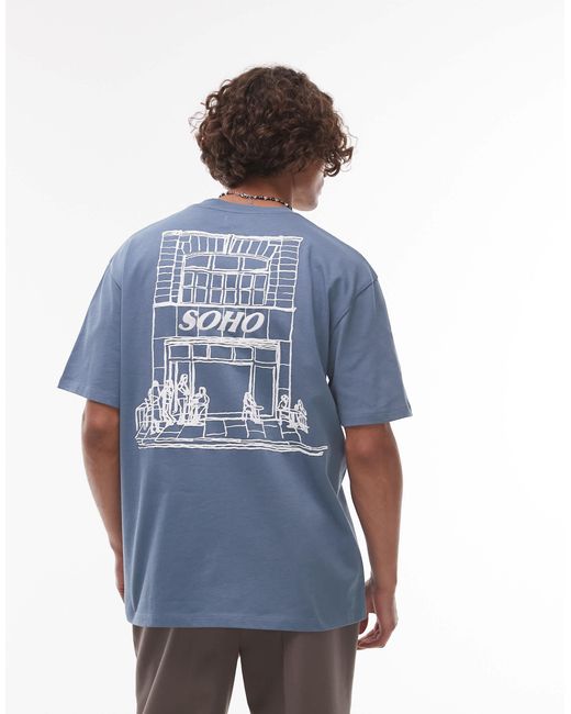 Topman Blue Oversized Fit T-Shirt With Front And Back Soho Print for men