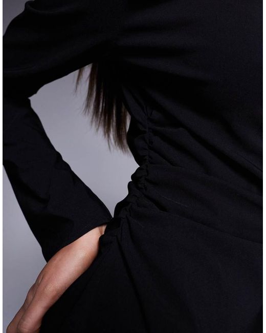 Vestido Corto De Manga Larga Con Cuello Alto Y Detalle Fruncido De Bengalina De ASOS de color Blue