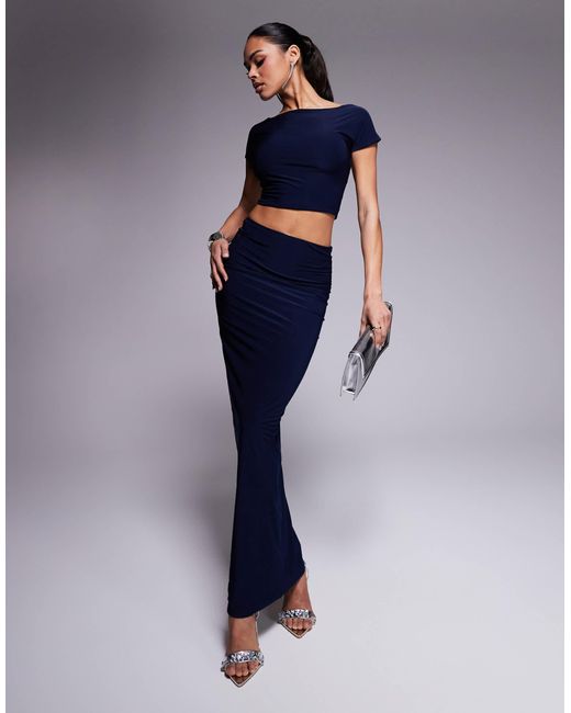 Kaiia Blue Exclusive Double Layered Slinky Boatneck Low Back Crop Top Co-ord