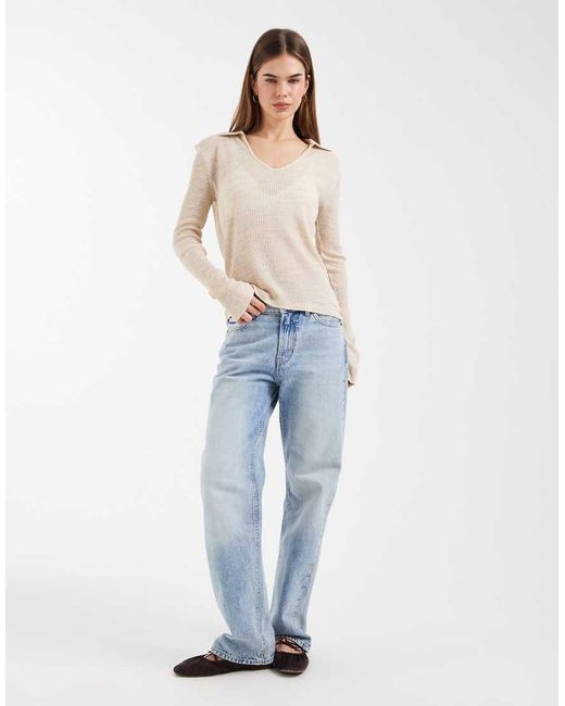 ASOS Natural Sheer Ribbed Collared Long Sleeve With V Neck Top