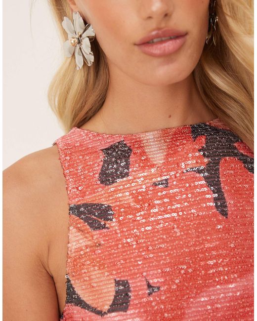 Pretty Lavish Orange – midaxi-kleid mit paillettenbesatz und überdimensionalem, buntem blumenmuster