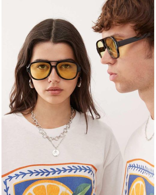 Reclaimed (vintage) Brown Unisex Aviator Sunglasses With Yellow Lens