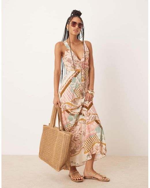 Vestido Midi Rosa Con Cuello De Pico, Lazada Fruncida Y Estampado Floral Abstracto De ASOS de color Natural
