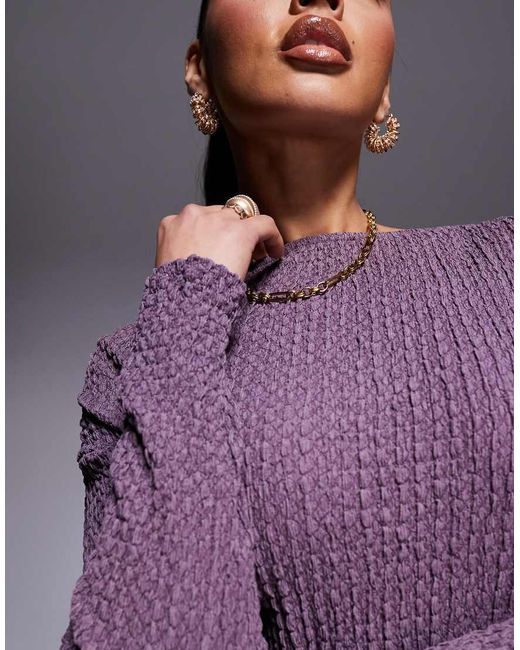 ASOS Top Met Textuur, Lange Mouwen, Asymmetrische Zoom En Afgezakte Schouder in het Purple