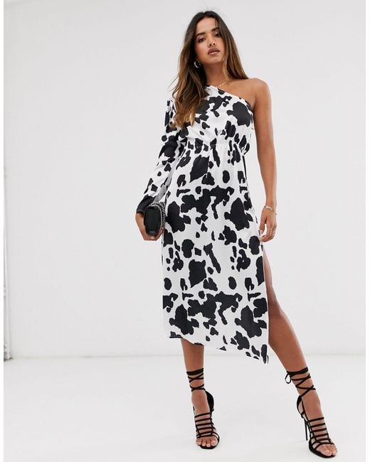 UNIQUE21 Black One Shoulder Abstract Cow Print Dress