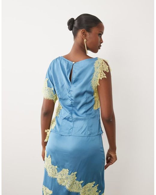 Never Fully Dressed Blue Kira Satin Slash Neck Asymmetric Short Sleeve Lace Detail Top Co-Ord