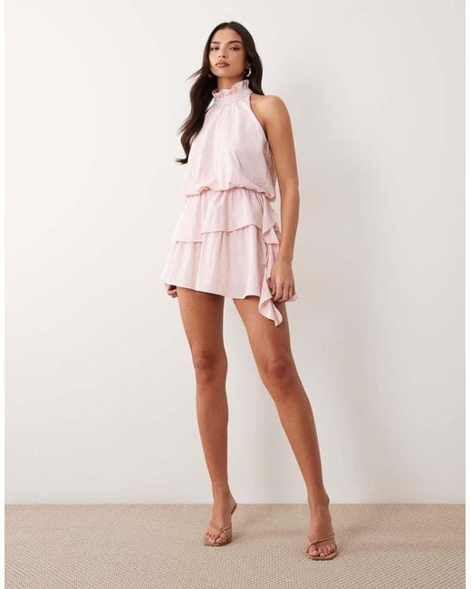 Aria Cove Pink High Neck Frill Detail Tiered Mini Dress