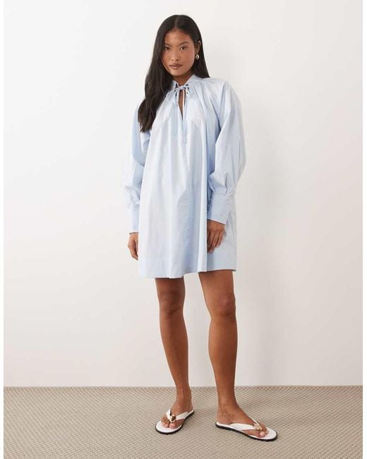 ASOS Blue Asos Design Petite High Neck Tie Poplin Mini Dress With Puff Sleeve